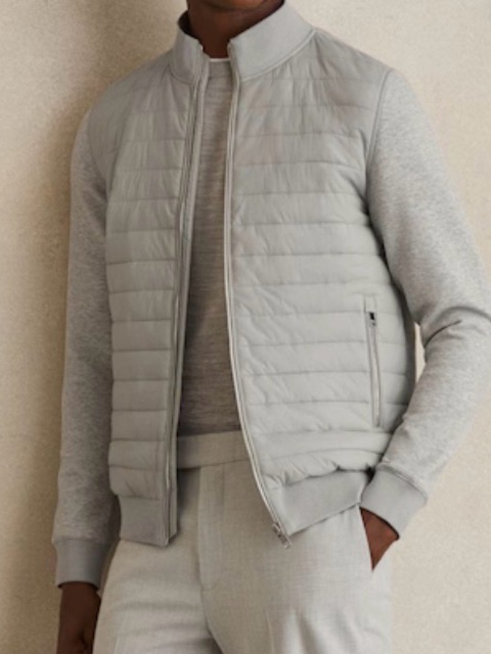 Reiss
Freddie
Hybrid Quilt and Knit Zip-Through Jacket in Soft Grey Melange